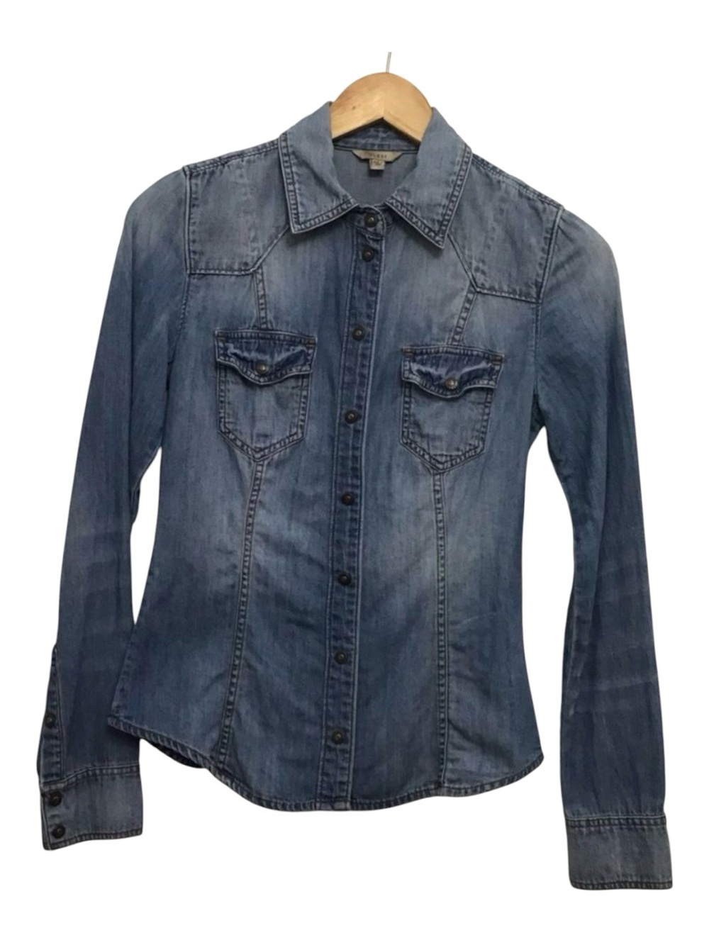 GUESS jeans snap button down shirt blue denim 100% cotton coastal cowgirl XXS